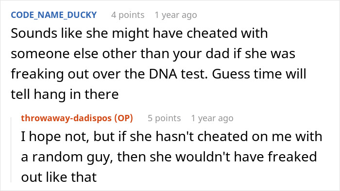 A Reddit thread showing user comments about a wife's betrayal and her dad's confession. Discussing infidelity and a shocking family secret.