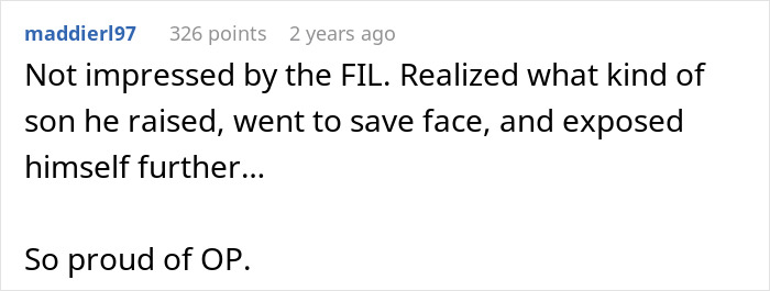A Reddit comment criticizing a father-in-law for a donor baby situation. The man feels emasculated and ruins his family.