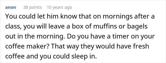 A comment on a forum suggesting an easy breakfast solution. It relates to the husband and wife dynamic about cooking breakfast.