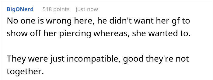 Comment discussing a couple's incompatibility over showing off piercings, reflecting relationship conflicts.