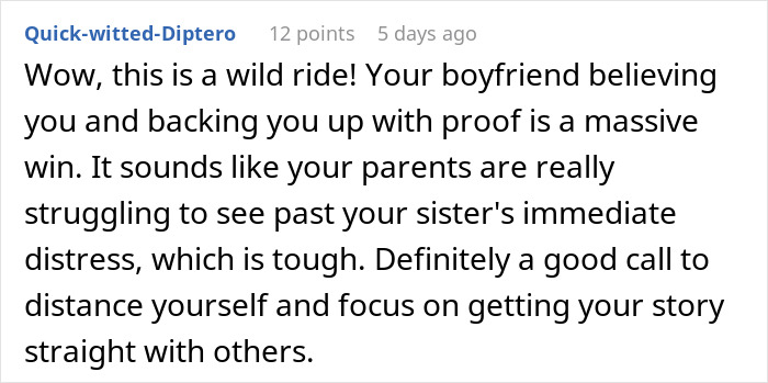 Screenshot of a Reddit comment discussing a woman accused of sleeping with her sister&rsquo;s fianc&eacute; causing family conflict.