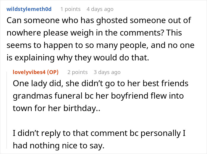 A Reddit thread discussing ghosting, including a comment about a best friend skipping a funeral for a birthday, breaking the bride's heart.