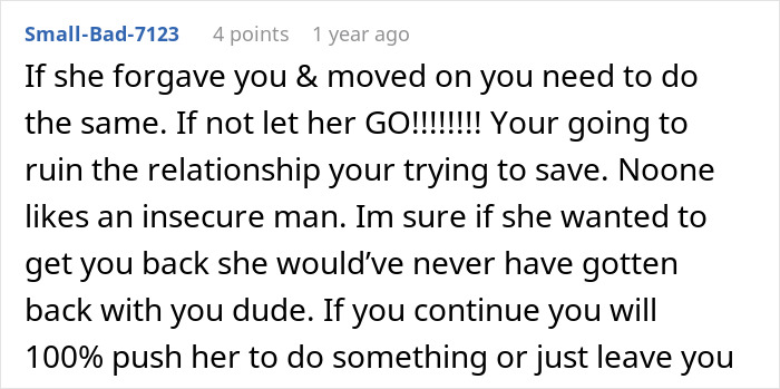 Screenshot of a forum comment cautioning about ruining relationships and dealing with insecurity in cheating situations.