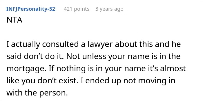 A Reddit comment from INFJPersonality-52, who consulted a lawyer, stating one shouldn't pay a mortgage without being on the deed.