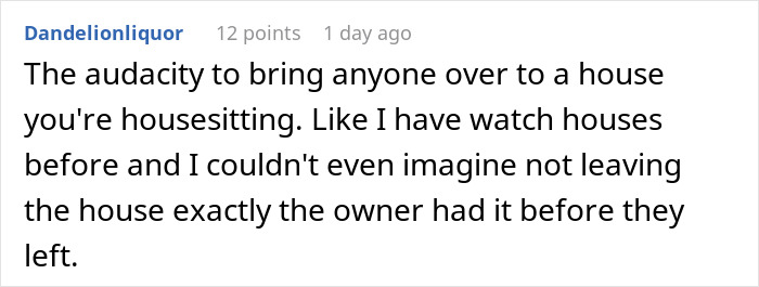Comment discussing the audacity of bringing guests to a house being housesat, emphasizing respect for the owner's property.