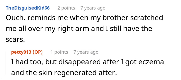 Reddit conversation about sibling scratches causing scars and eczema healing, reflecting mom won&rsquo;t defend her kid situation.
