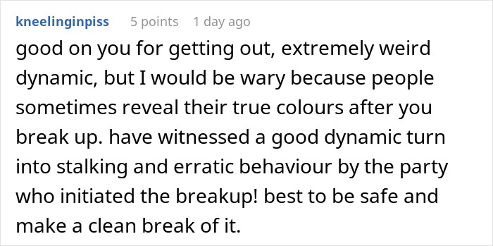 Reddit comment warning about relationship stalking after breakup, describing erratic behavior and advice to make a clean break.