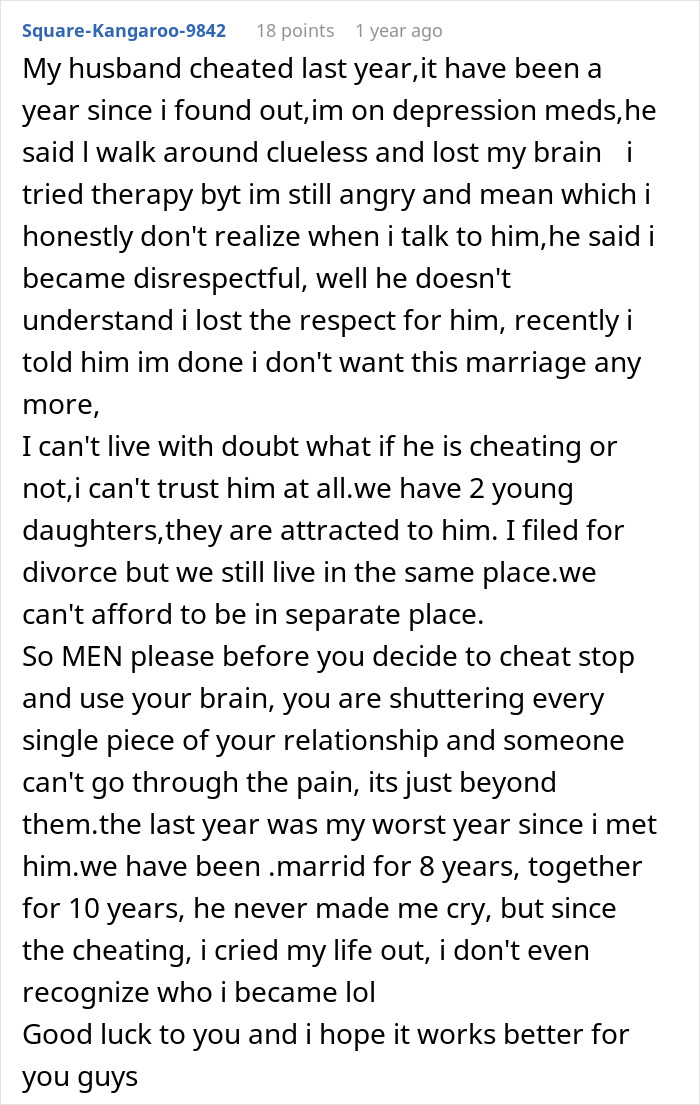 Text post describing emotional pain and betrayal after a husband&rsquo;s cheating, highlighting trust and relationship struggles.