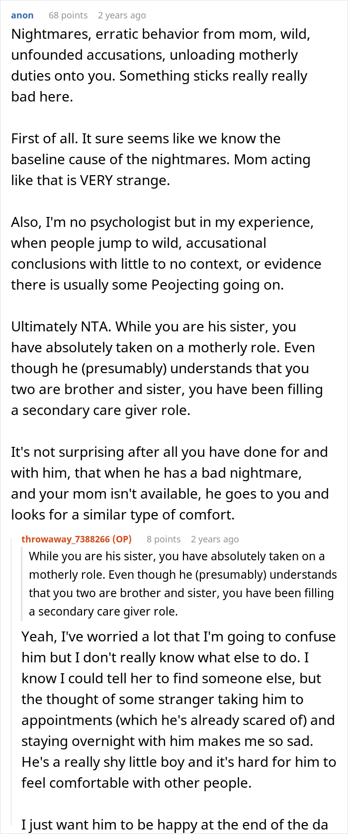 A Reddit thread discussing a sister letting her scared brother sleep in her bed, with her mom's reaction.