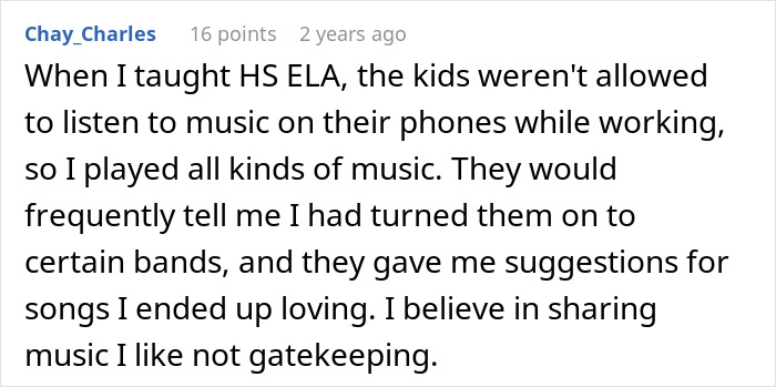 Comment about teaching HS ELA and sharing music with students, highlighting the use of music without gatekeeping. Comment about teaching HS ELA and sharing music with students, highlighting the use of music without gatekeeping.