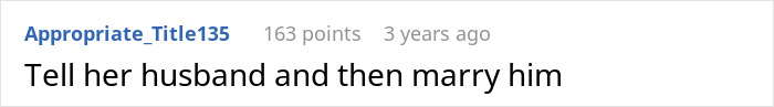 A Reddit comment suggesting, "Tell her husband and then marry him", related to news of an affair.