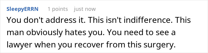 A comment from SleepyERRN advising legal action for a wife after a cervical cancer diagnosis.