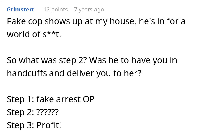 Screenshot of a Reddit comment discussing a fake cop scenario involving a homophobic MIL and a real police officer.