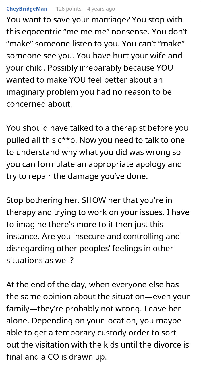 A Reddit comment offers advice to a man about a paternity test, emphasizing saving his family and getting therapy.