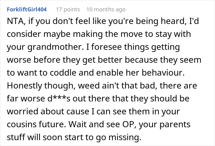 Screenshot of a Reddit comment by ForkliftGirl404 advising a teen to move out due to a cousin's lies and theft.