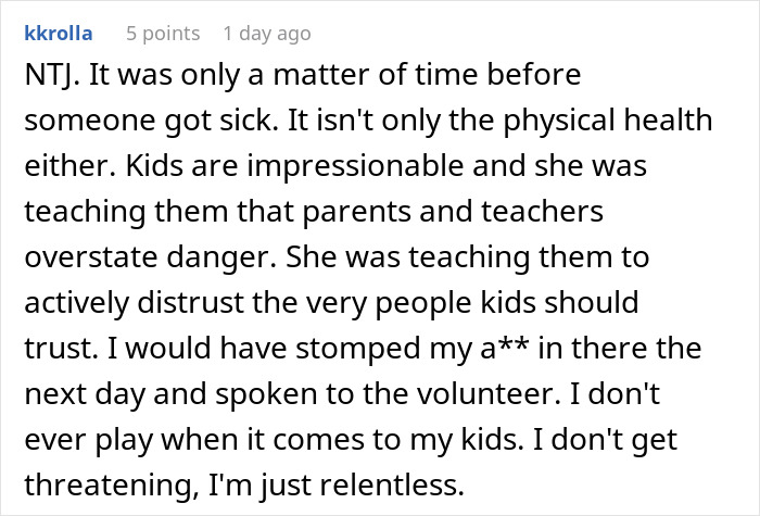 Comment discussing a parent recognizing their kid received food they were not supposed to and a volunteer getting fired.