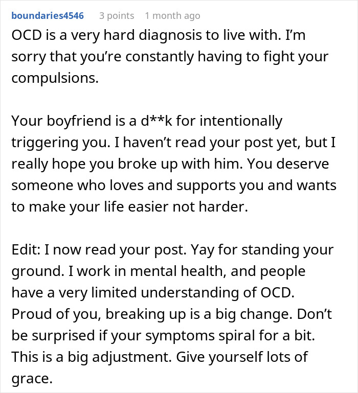 Comment text about a woman ending a relationship over one cent and feeling liberated, discussing OCD and emotional support.