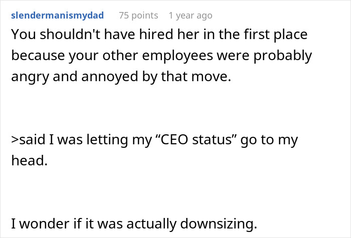 Text of a comment discussing CEO hires her sister after she got downsized and questioning the real reason for the job loss.