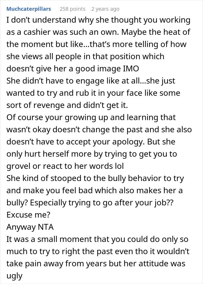 Comment discussing a school bully targeting a book store manager's job with rude behavior and attempts at revenge. Comment discussing a school bully targeting a book store manager's job with rude behavior and attempts at revenge.