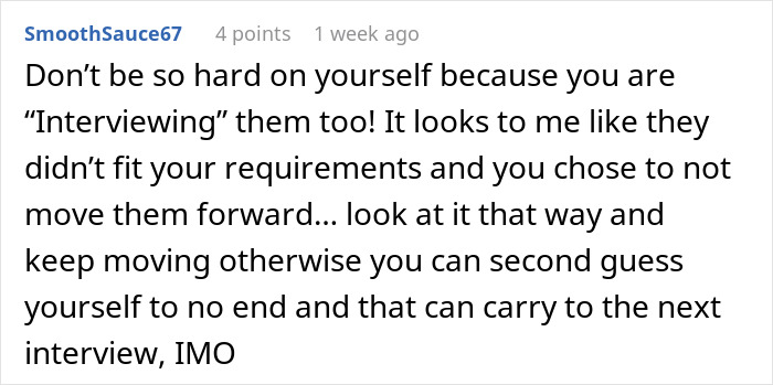 Screenshot of a comment from SmoothSauce67, offering advice on a job interview experience and remaining speechless during a job interview.