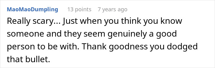 Comment discussing a scary experience with a criminal and cheater exposed by his ex-girlfriend.