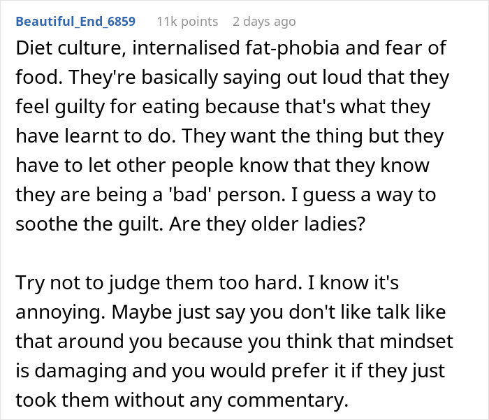 Alt text: Office coworker discussing candy routine and its impact on diet culture and guilt around eating habits.