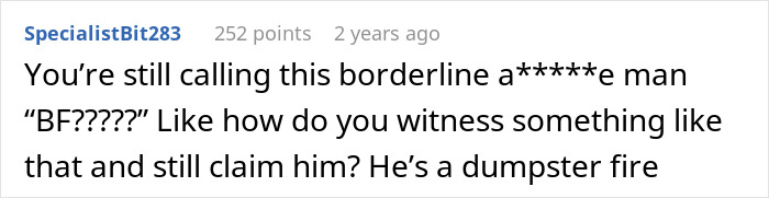 A Reddit comment questioning why someone would still call a man BF after he refuses to sign divorce papers following his childfree ex having a baby bump.
