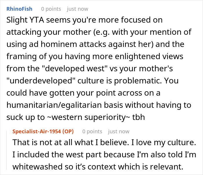 Online discussion showing a teen calling out a wealthy mom for hypocrisy in treating house help as family but making them stay in a shed.