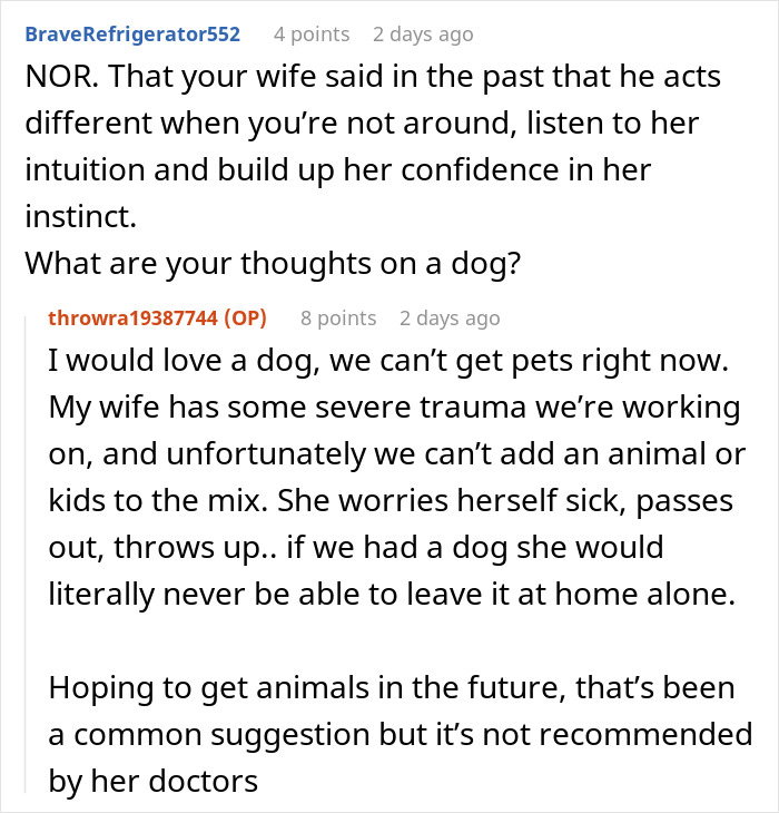 Reddit comments about strange behavior from a friend visiting a woman alone, discussing whether a dog would help.