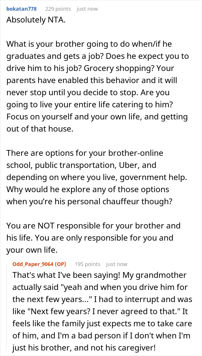 Screenshot of a Reddit conversation about a guy frustrated with driving his autistic brother everywhere without gratitude. Screenshot of a Reddit conversation about a guy frustrated with driving his autistic brother everywhere without gratitude.