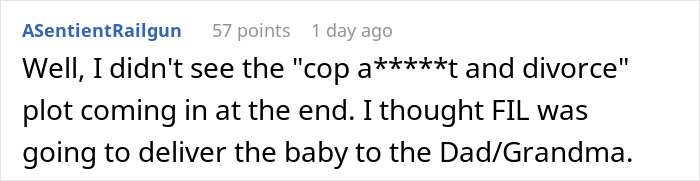 A user comment on a MIL messy fight about a baby name, surprised by police escort plot twist.