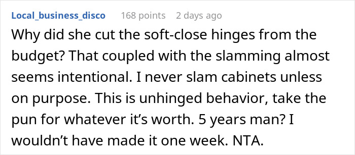 Comment discussing frustration over cabinet slamming and the impact of soft-close hinge removal after five years.