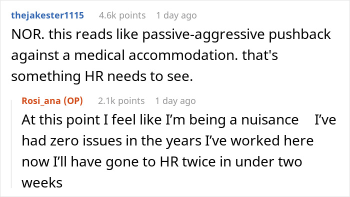 A Reddit post with comments, one user calling out passive-aggressive pushback against a feeding tube medical accommodation.