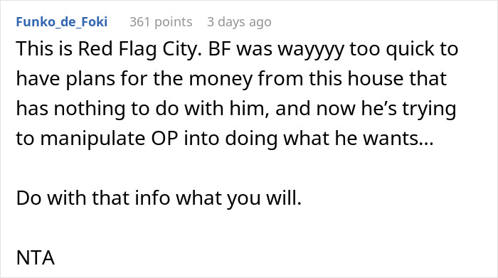A Reddit comment warning about a boyfriend who takes a woman accepting property in her name as a personal attack.