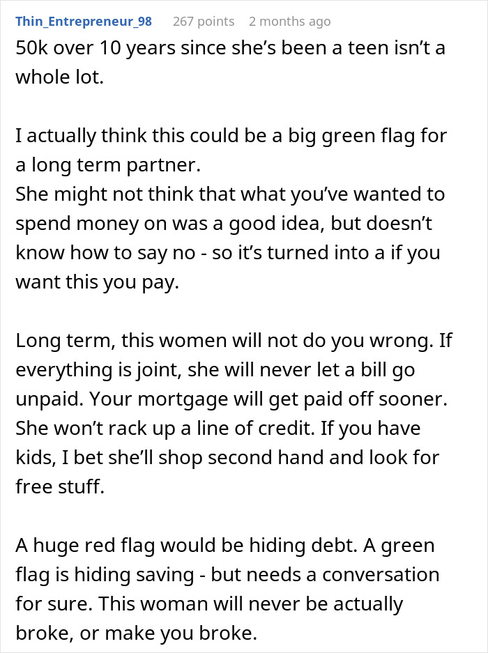 Comment discussing a woman who pretended to be broke despite having $50K in savings, highlighting financial trust issues.