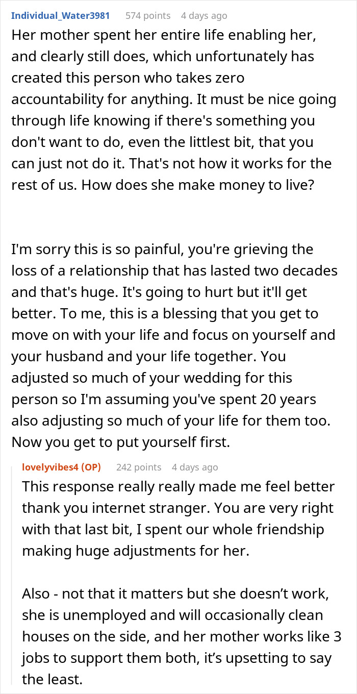 Screenshot of a Reddit thread. Users discuss a friend who skips a wedding, breaking the bride's heart.