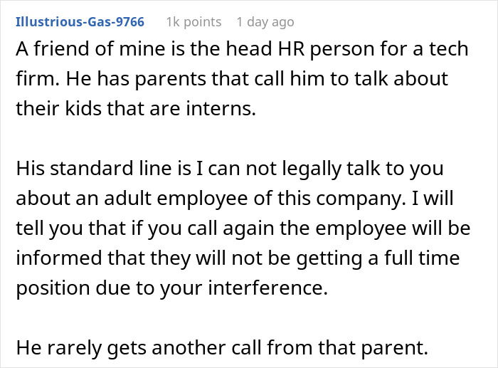 Text post discussing an HR head explaining kid work intern policies and consequences for mother interference fired. Text post discussing an HR head explaining kid work intern policies and consequences for mother interference fired.