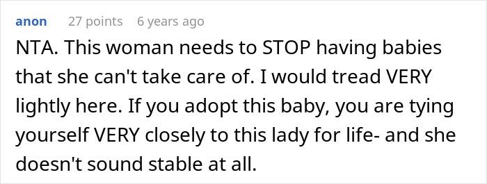 Screenshot of an anonymous comment discussing a woman wanting her baby adopted by her brother and family conflict. Screenshot of an anonymous comment discussing a woman wanting her baby adopted by her brother and family conflict.