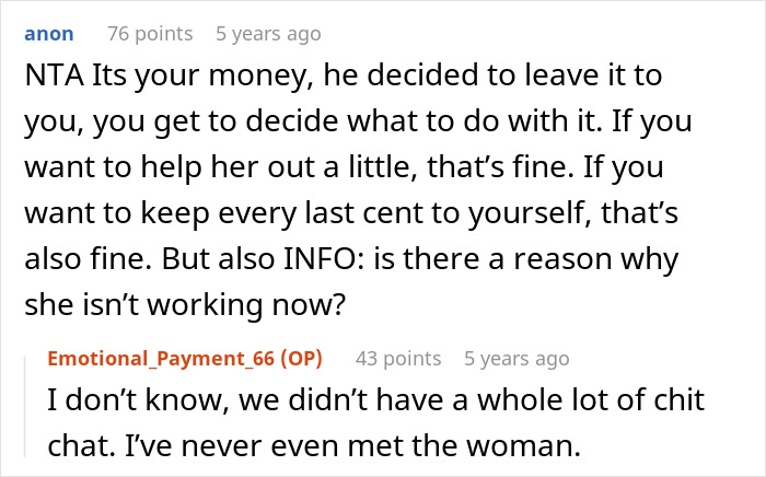 Reddit thread discussing estranged dad leaving inheritance to daughter while stepmom demands equal share.