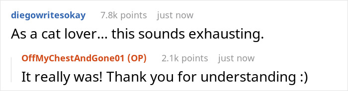 Reddit conversation about a crazy cat lady choosing her cat over men and feeling exhausted by relationships.