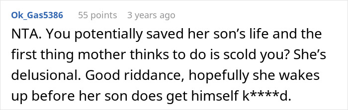 A reddit comment supporting the person who saved a disruptive kid, whose toxic mom escalated things.