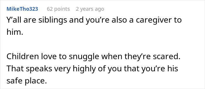 A comment by MikeTho323, with 62 points, praises a sister letting her scared bro sleep in her bed.