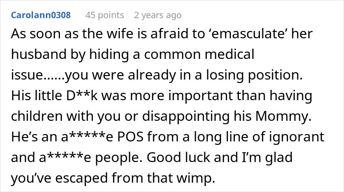 A Reddit comment discussing a man feeling emasculated due to a medical issue impacting his family and child.