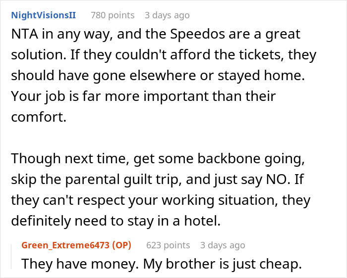 Chat conversation showing user advising on making family uncomfortable after they refuse to leave his house.