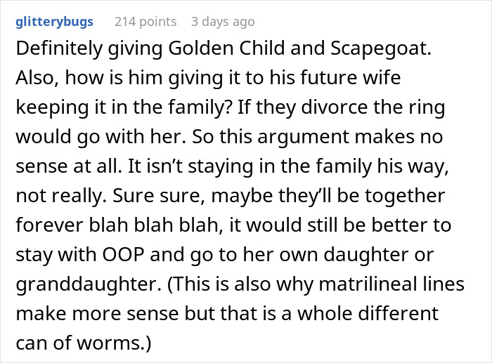 Comment explaining the debate over a brother demanding a sister&rsquo;s heirloom ring for his proposal, calling her selfish.