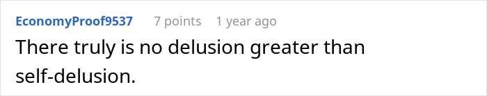 A comment reads, There truly is no delusion greater than self-delusion. This relates to a married man and his hotel room stay.