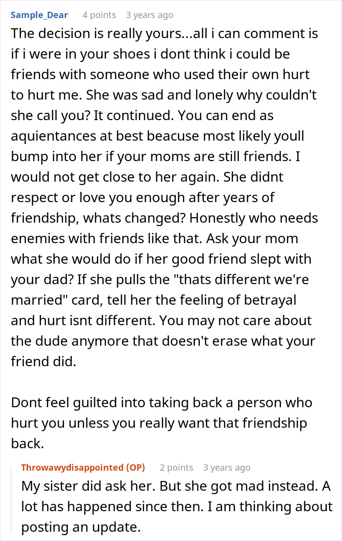 Comment discussing mom pushing daughter to protect friendship despite betrayal involving a boy and trust issues