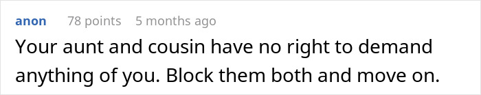 Comment advising to block aunt and cousin amid confusing and wild family dynamic causing drama over DNA tests and child support.