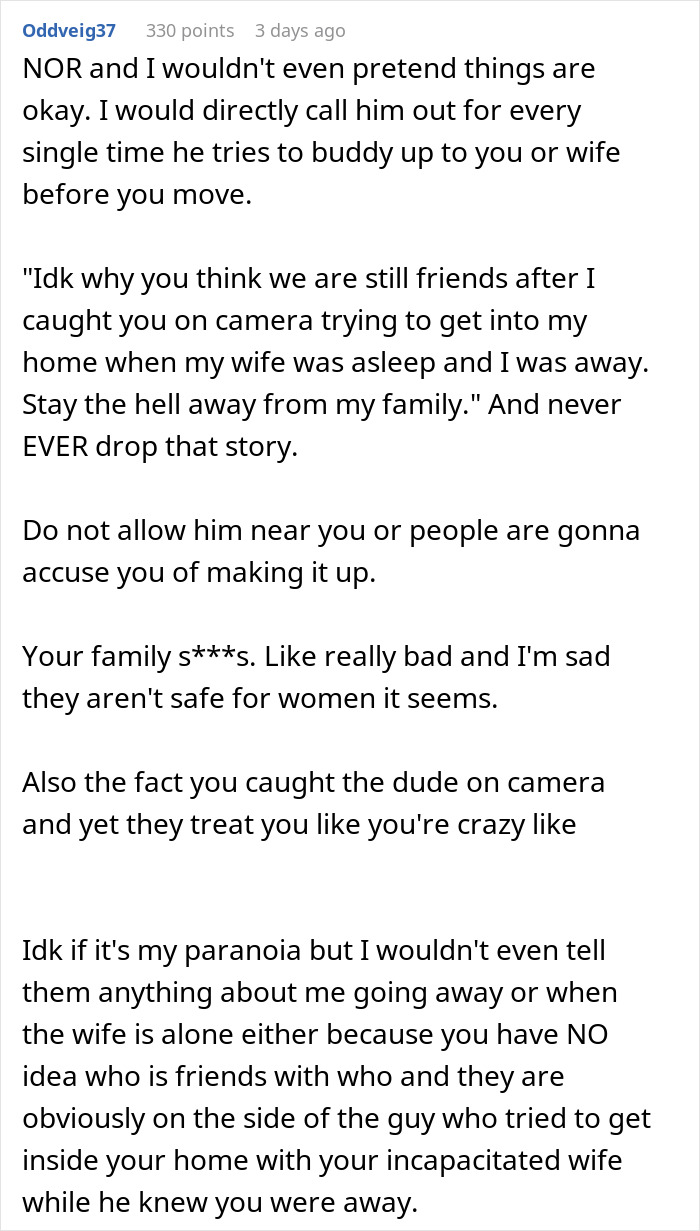 Text from a Reddit post about a friend visiting a couple's home, showing strange behavior captured on camera.