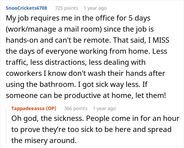 Reddit user discussing missing work from home and the challenges of commuting after WFH cancellation affecting daily survival. Reddit user discussing missing work from home and the challenges of commuting after WFH cancellation affecting daily survival.